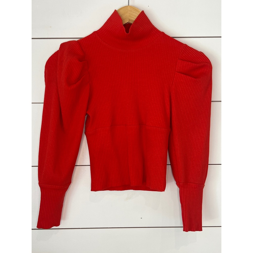 Free People Women XS Red Ribbed Mock Neck Puff Sleeve Top coquette cottagecore
